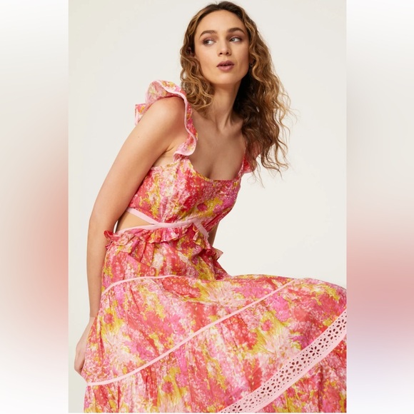 LoveShackFancy Dresses & Skirts - LoveShackFancy Madsen Floral Cutout Maxi Dress Pink Orange Tiered Cotton Silk L